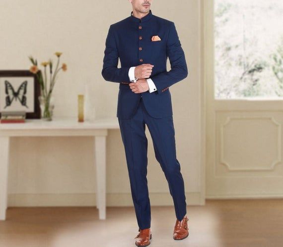 Mens Indian Ethnic Wear Blue 2 Piece Jodhpuri Suit Slim Fit Groom Wedding Wear Suit
